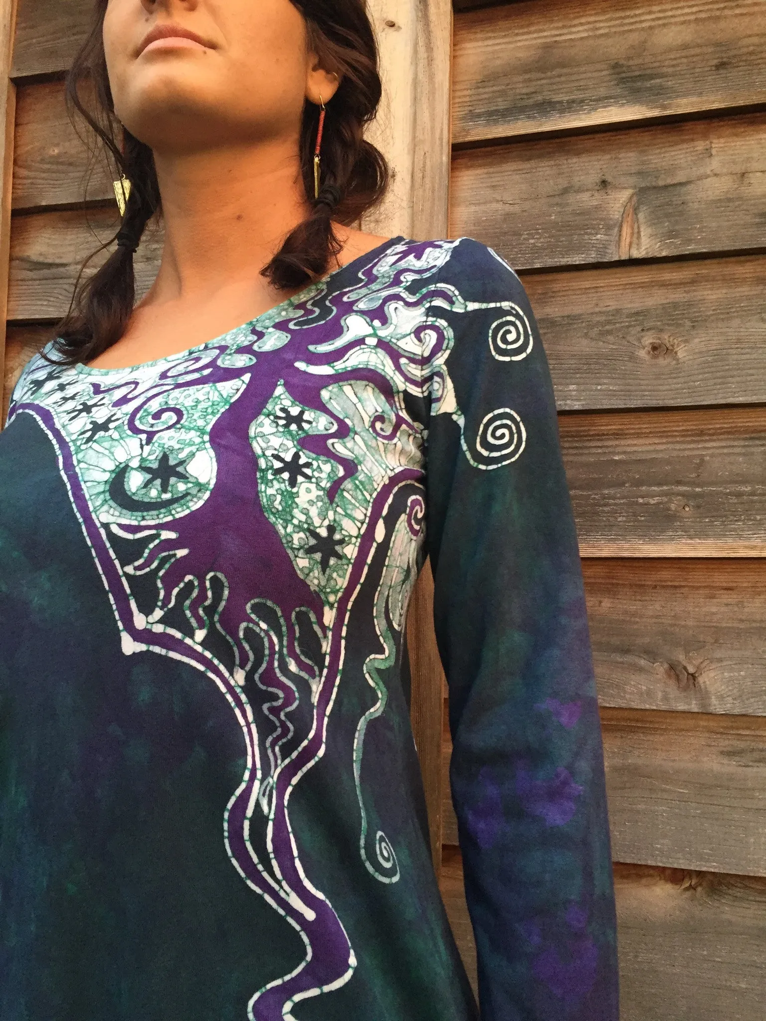 Teal and Purple Canyon Tree - Long Sleeve Batik Dress