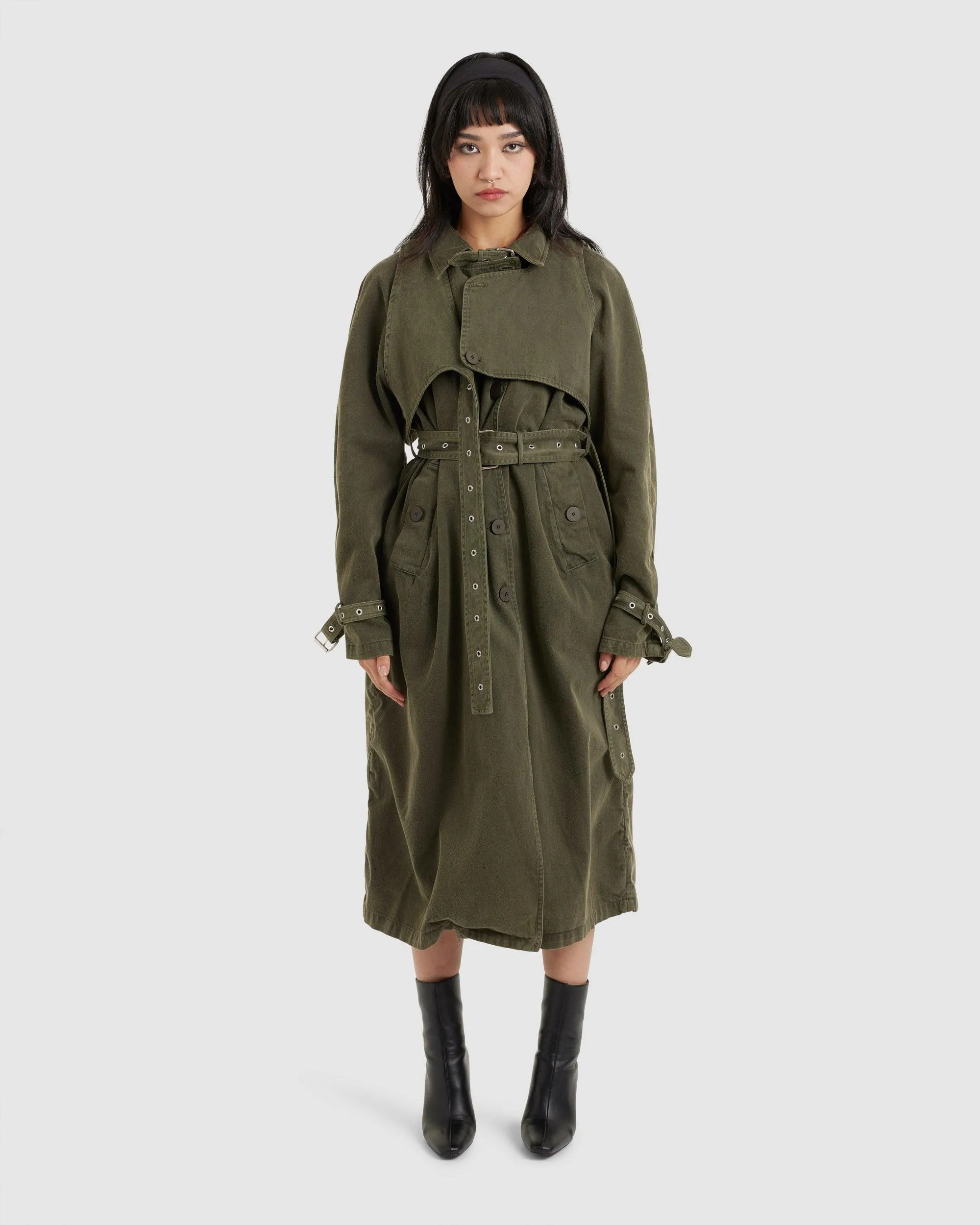 Trench Coat Green Acid Wash