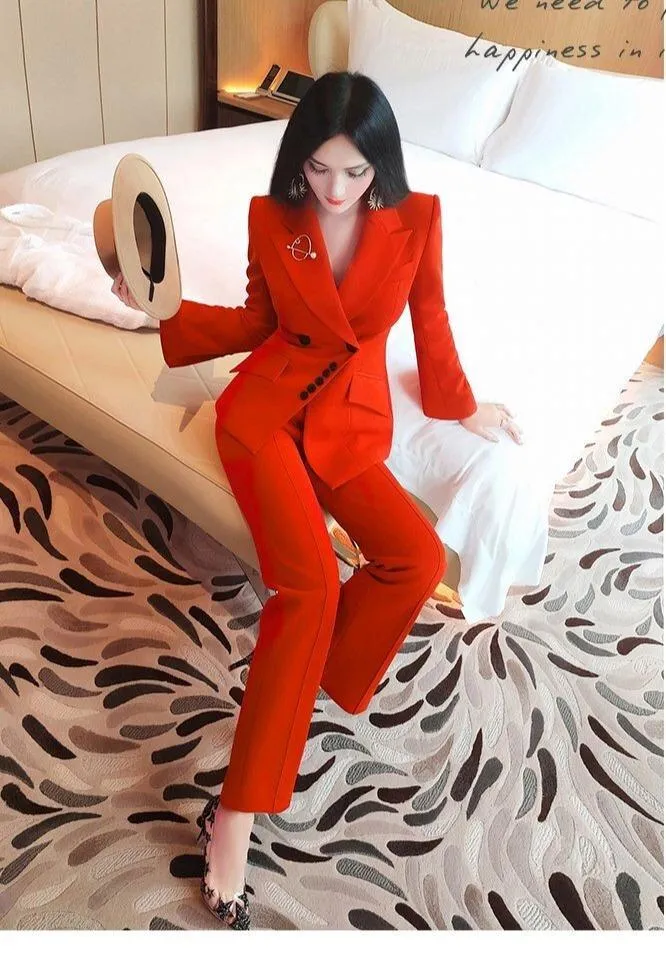 VJE Burnt orange autumn color irregular trousers two-piece pant suit - Bari