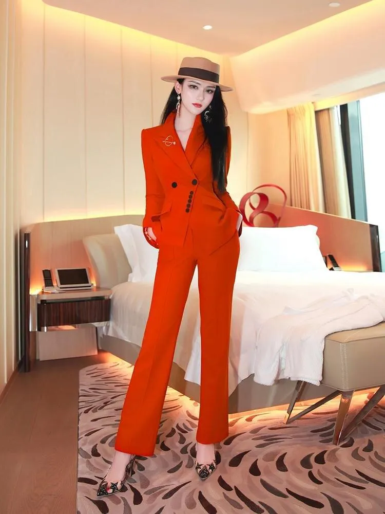 VJE Burnt orange autumn color irregular trousers two-piece pant suit - Bari