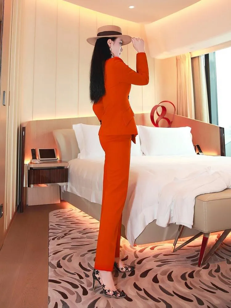 VJE Burnt orange autumn color irregular trousers two-piece pant suit - Bari