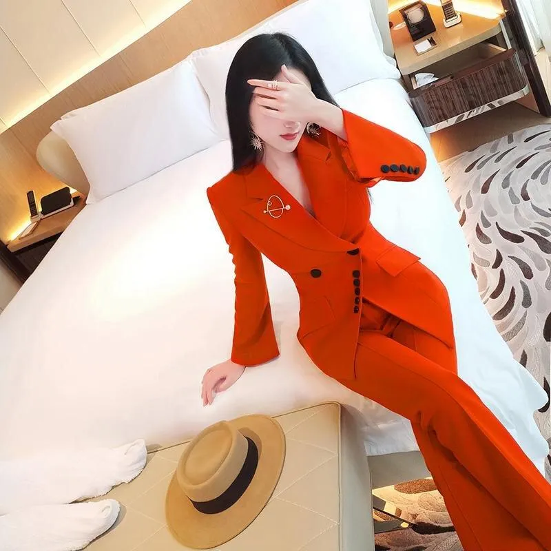 VJE Burnt orange autumn color irregular trousers two-piece pant suit - Bari