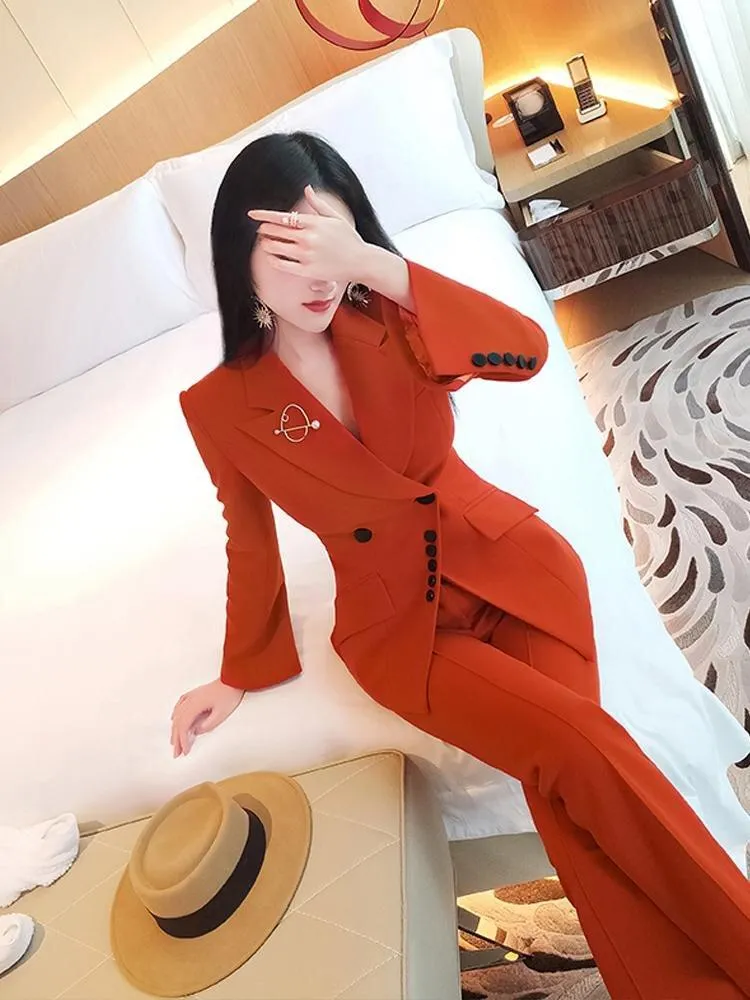 VJE Burnt orange autumn color irregular trousers two-piece pant suit - Bari
