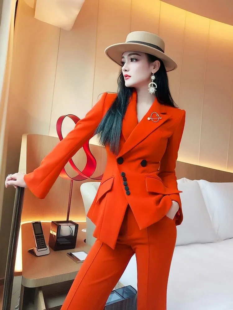VJE Burnt orange autumn color irregular trousers two-piece pant suit - Bari