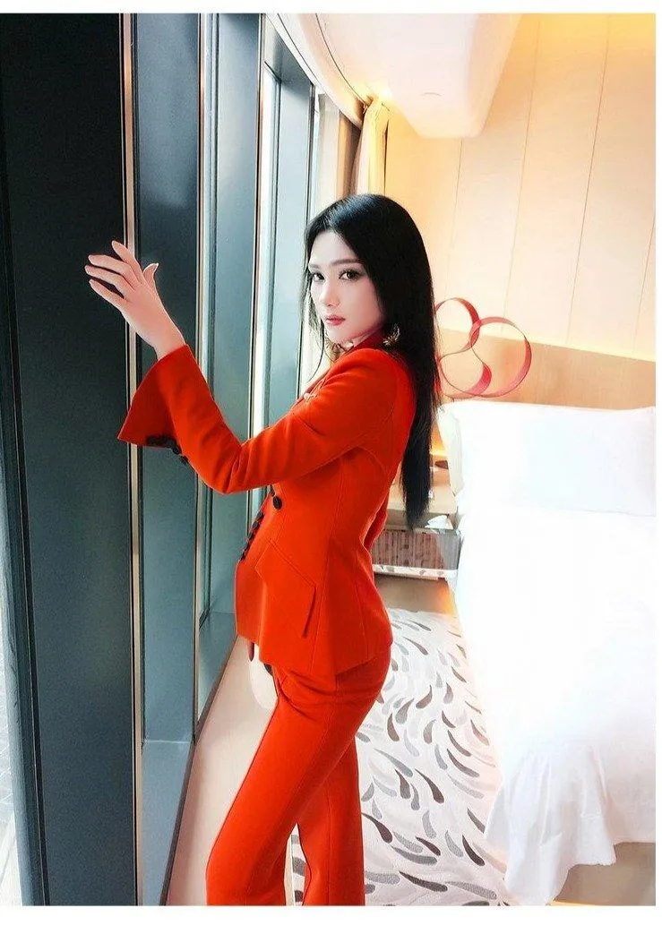 VJE Burnt orange autumn color irregular trousers two-piece pant suit - Bari
