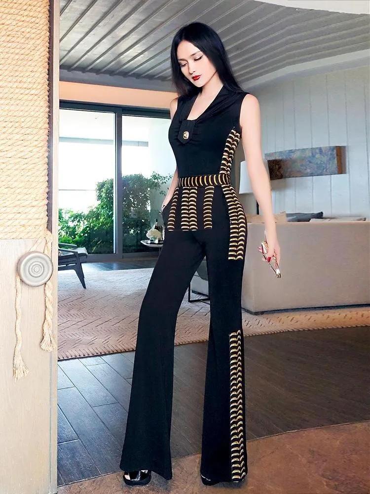 VJE summer British style sleeveless slimming jumpsuit flared pants- Loira