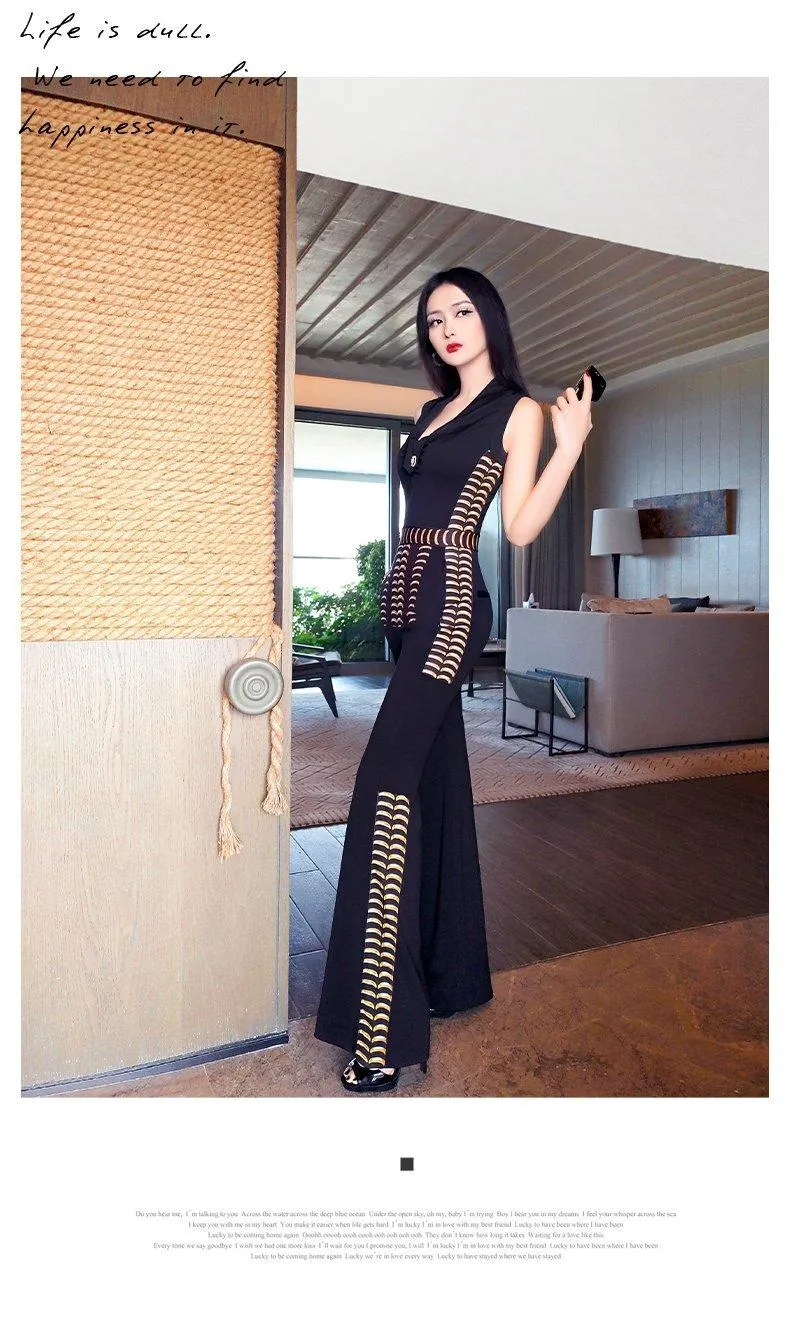 VJE summer British style sleeveless slimming jumpsuit flared pants- Loira
