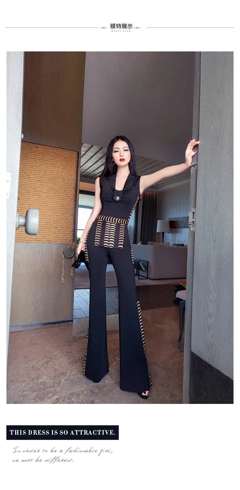 VJE summer British style sleeveless slimming jumpsuit flared pants- Loira