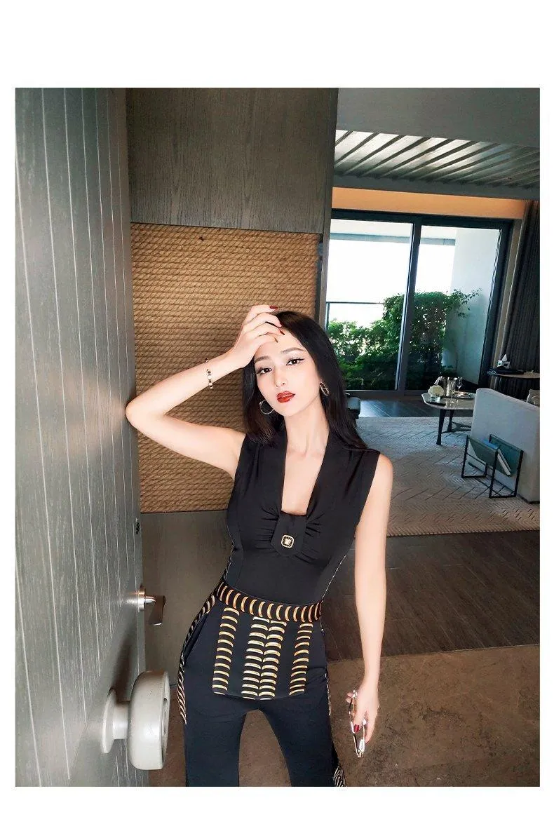 VJE summer British style sleeveless slimming jumpsuit flared pants- Loira