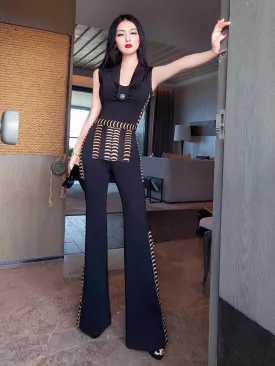 VJE summer British style sleeveless slimming jumpsuit flared pants- Loira