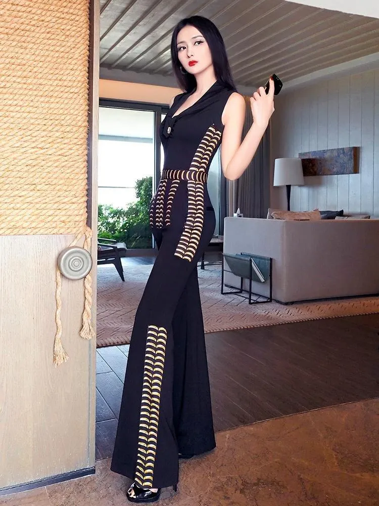VJE summer British style sleeveless slimming jumpsuit flared pants- Loira