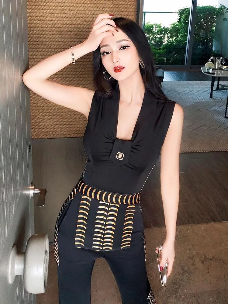 VJE summer British style sleeveless slimming jumpsuit flared pants- Loira
