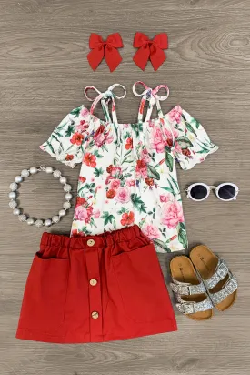White & Red Floral Cold Shoulder Skirt Set