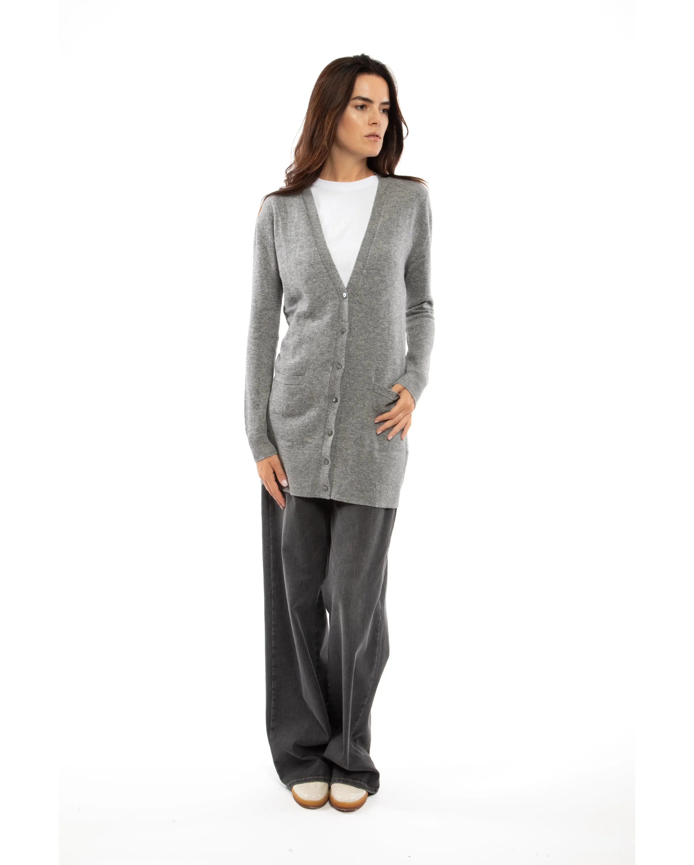 Women's Long Pure Cashmere Cardigan Sweater Melange Blue