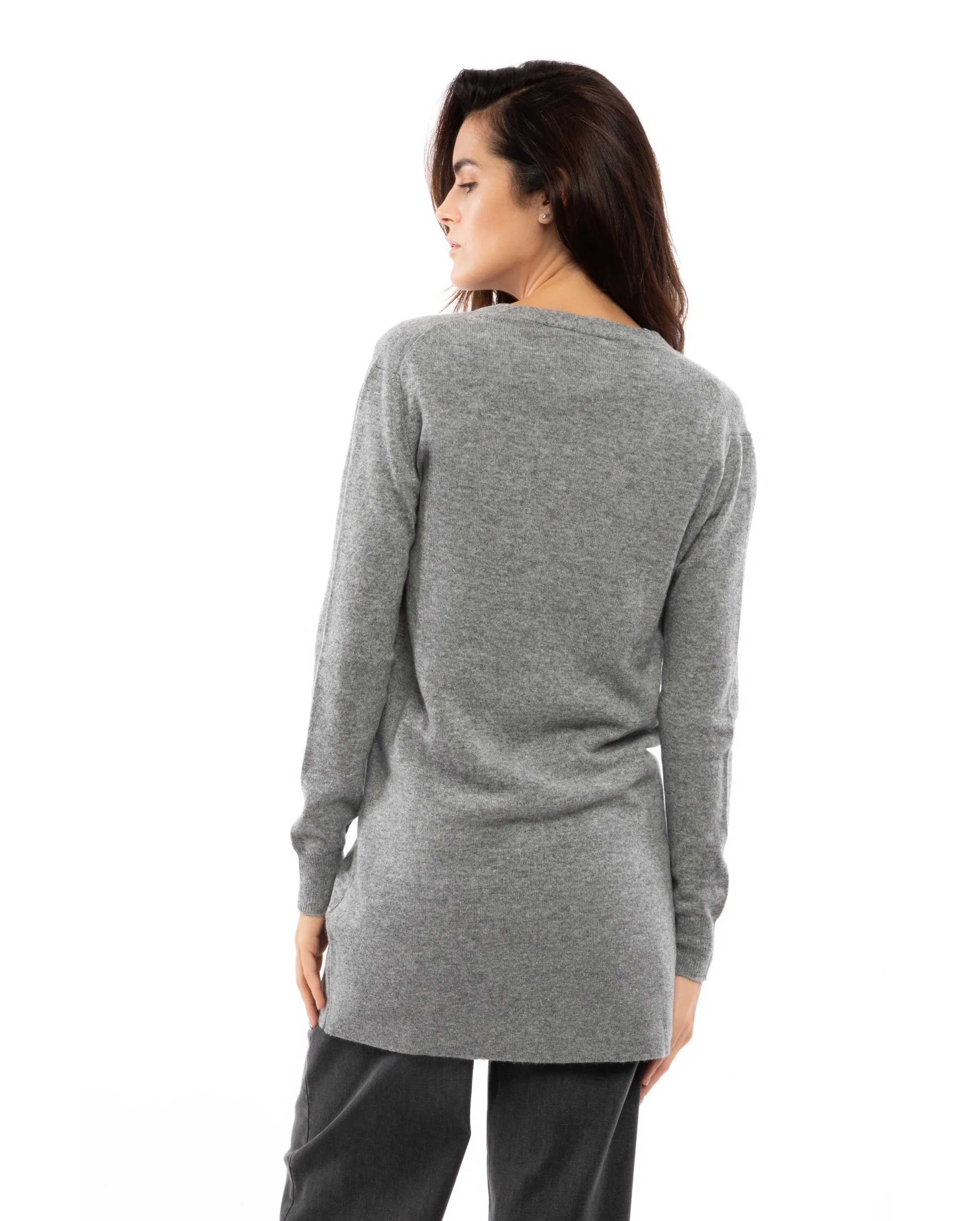 Women's Long Pure Cashmere Cardigan Sweater Melange Blue