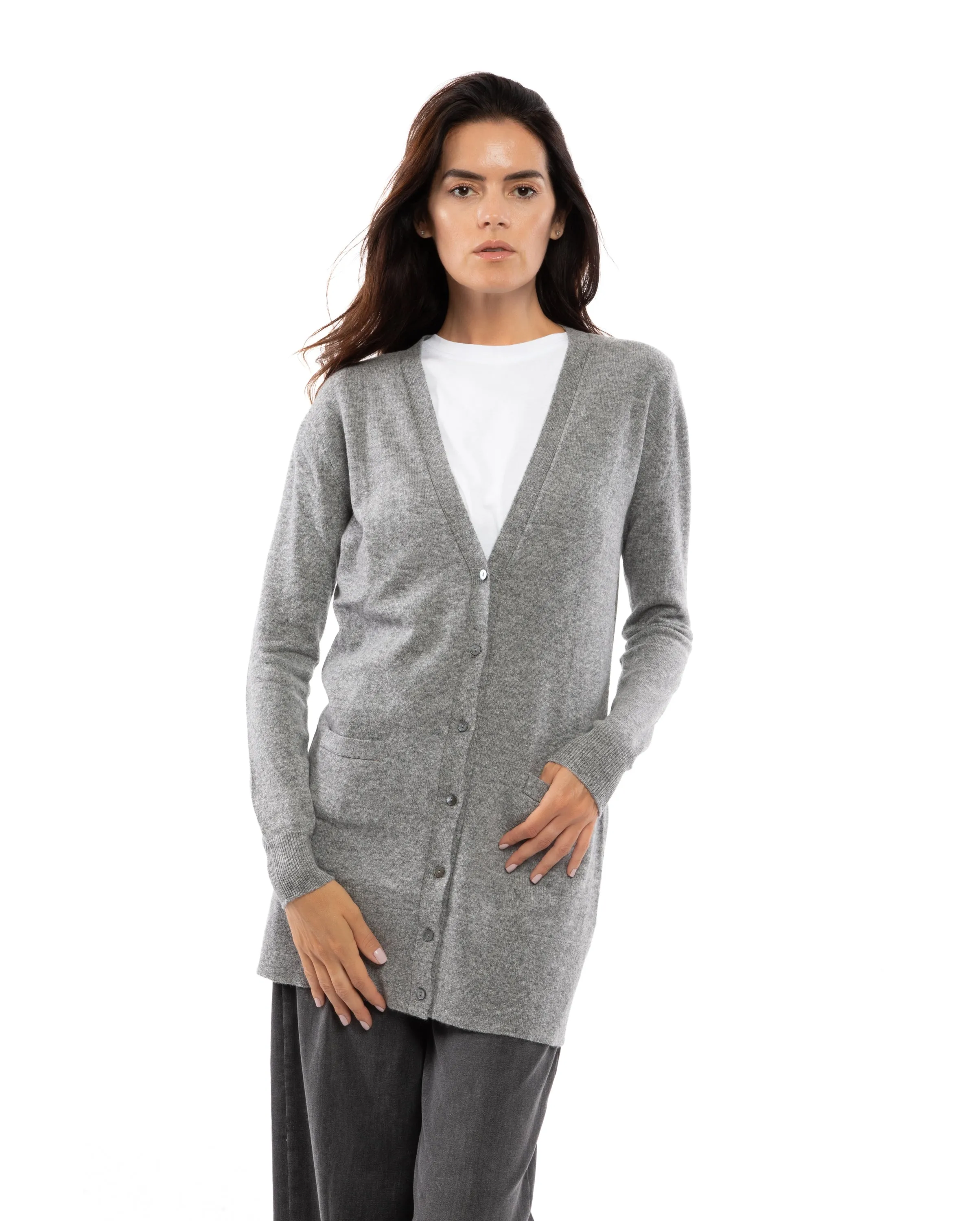 Women's Long Pure Cashmere Cardigan Sweater Melange Blue