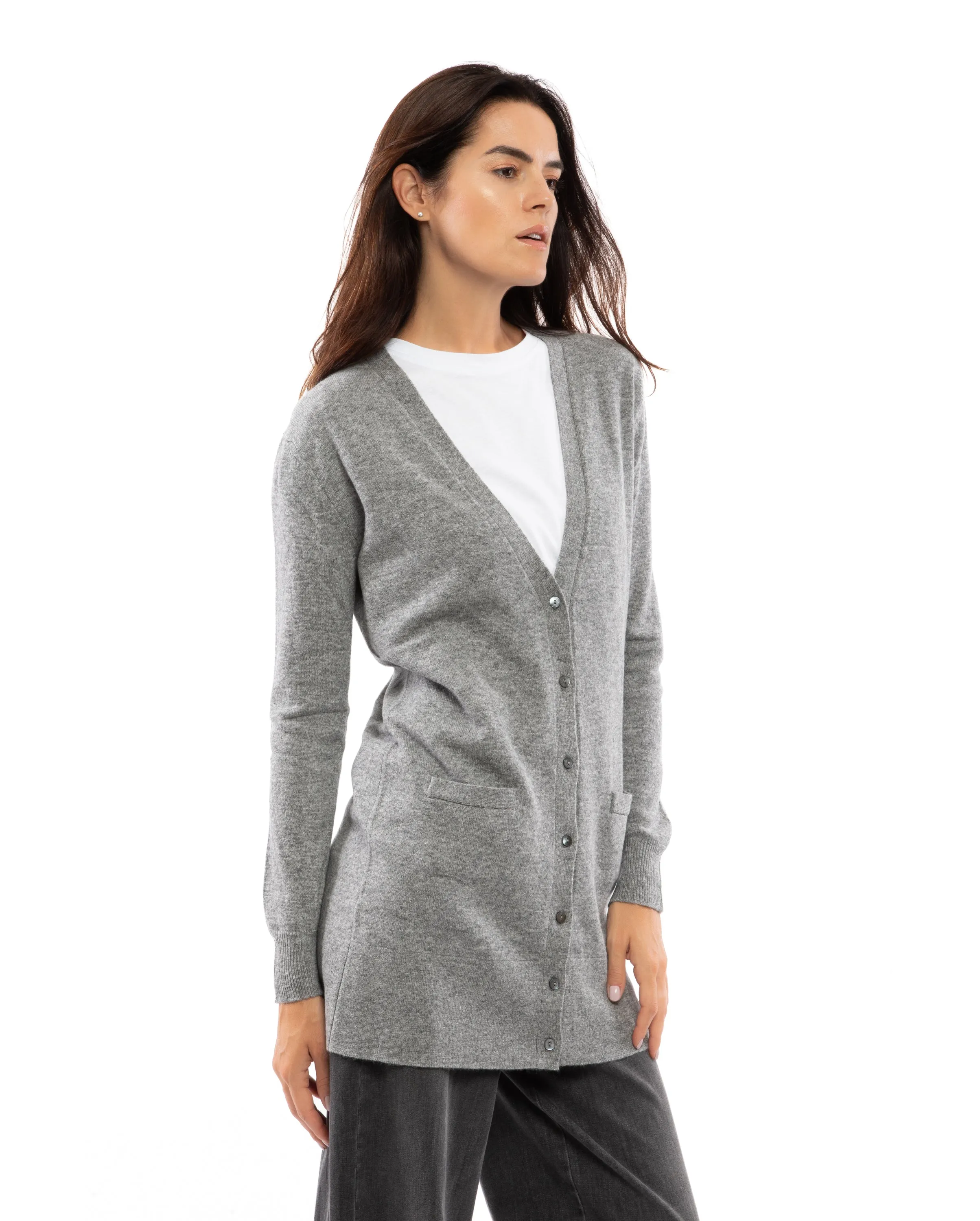 Women's Long Pure Cashmere Cardigan Sweater Melange Blue