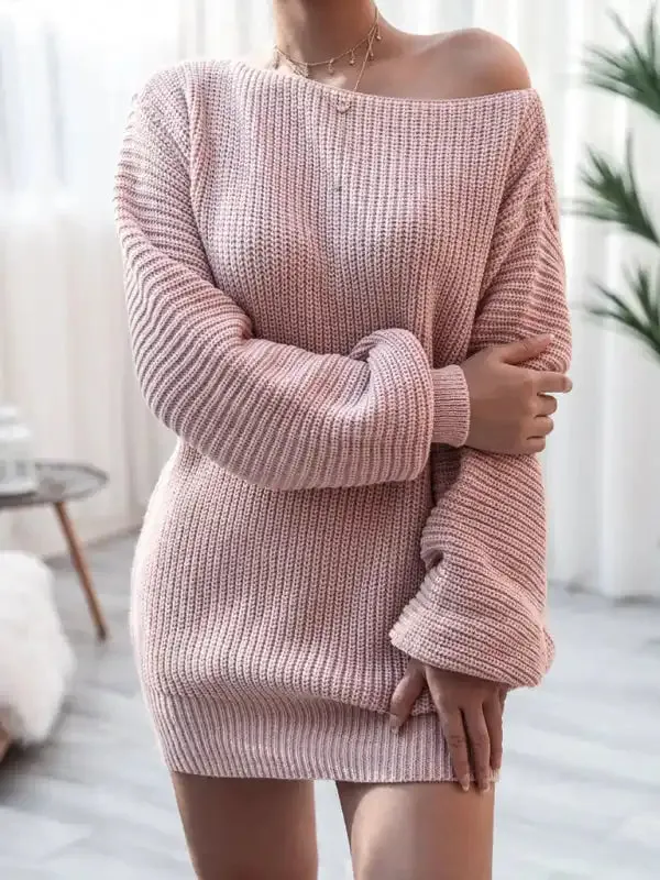 Women’s straight neck casual loose knit wool dress